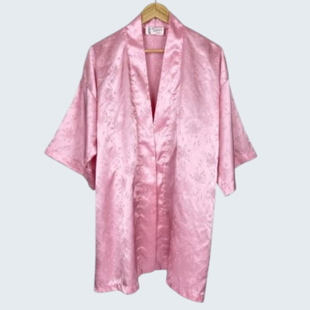 CALIFORNIA DYNASTY FLORAL EMBOSSED PINK SATIN ROBE KIMONO